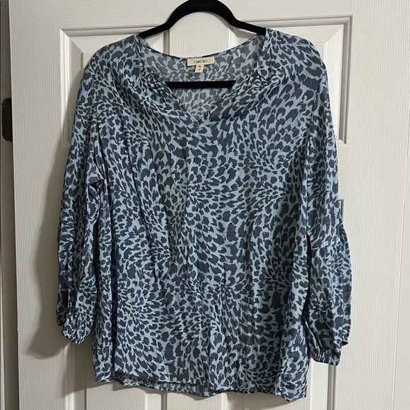 Como Blu Tops - Como Blu Leopard Print Light Blue and Navy Long Sleeve V Neck Blouse Size Large